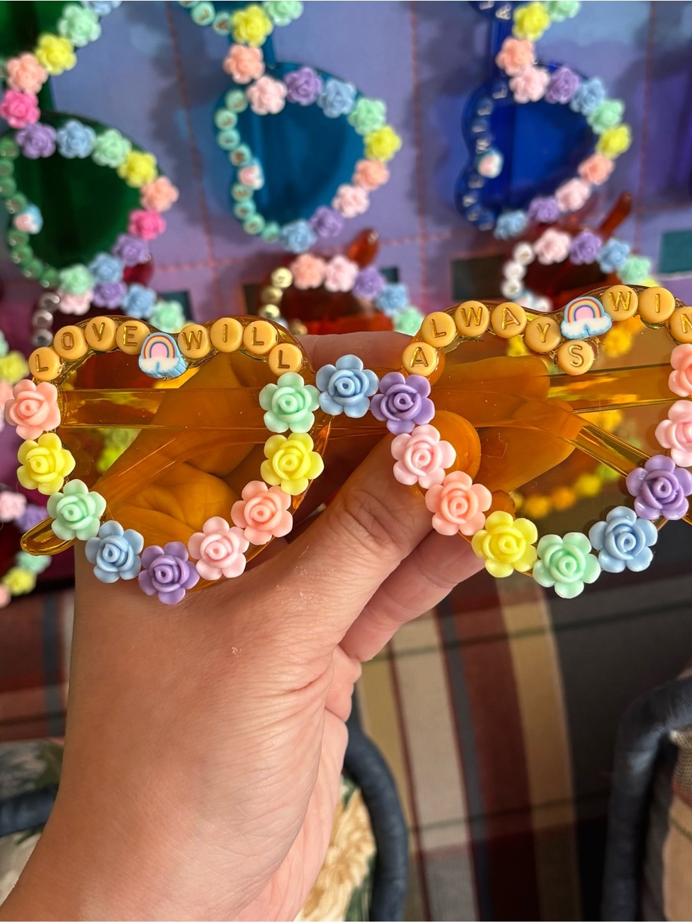LOVE WILL ALWAYS WIN Gold Heart Sunglasses with Rainbow Pastel Roses